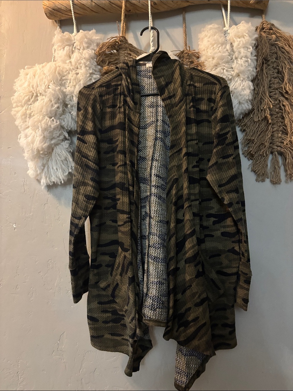 Camo Open-Front Hooded Women's Cardigan Jacket - Olive Green